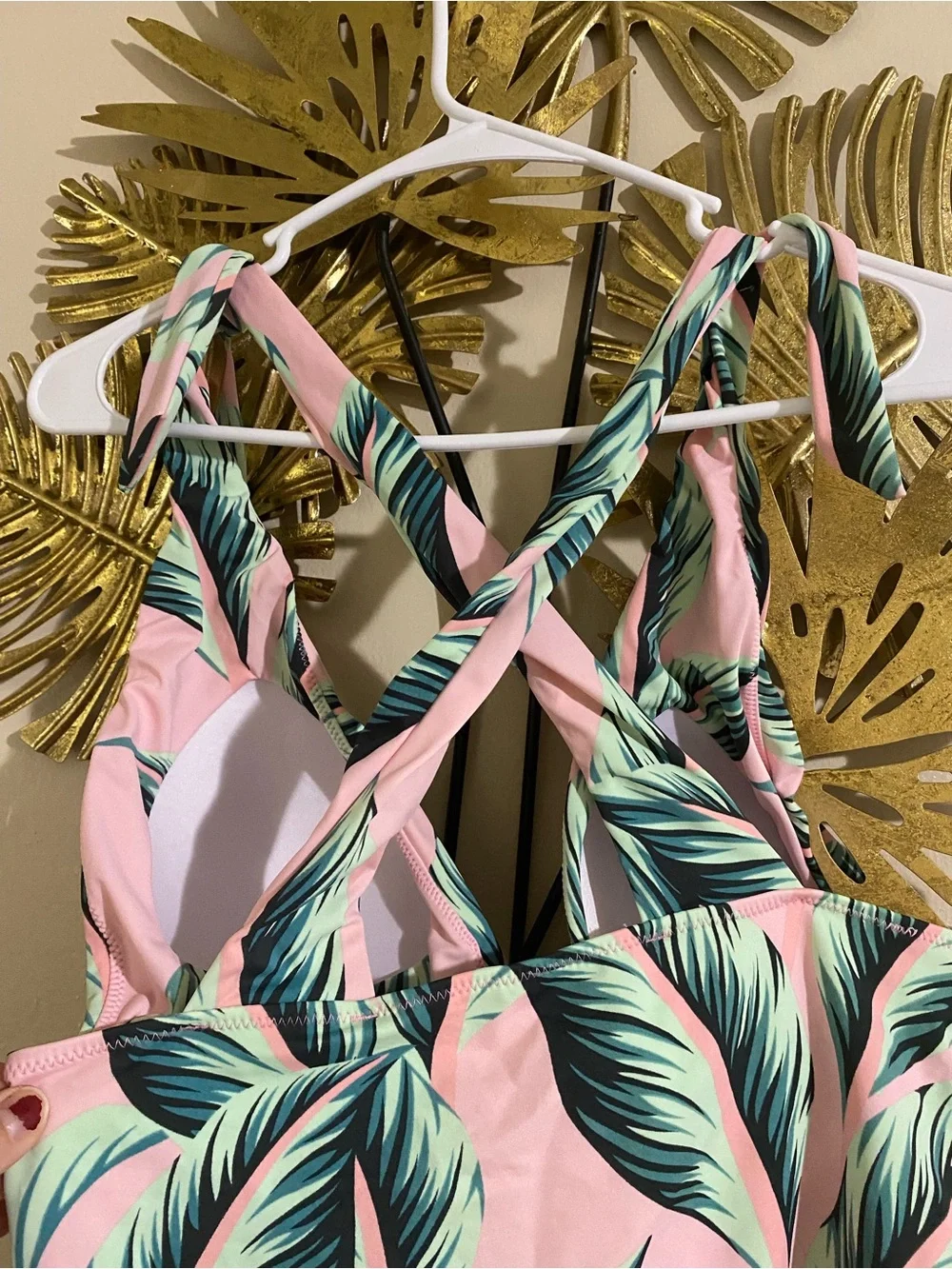 Pink Tropical Leaf One-Piece Swimsuit with Green Palm Print